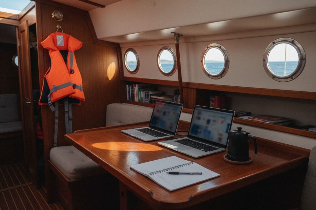 Le carré du bateau, deux ordinateurs fermés
